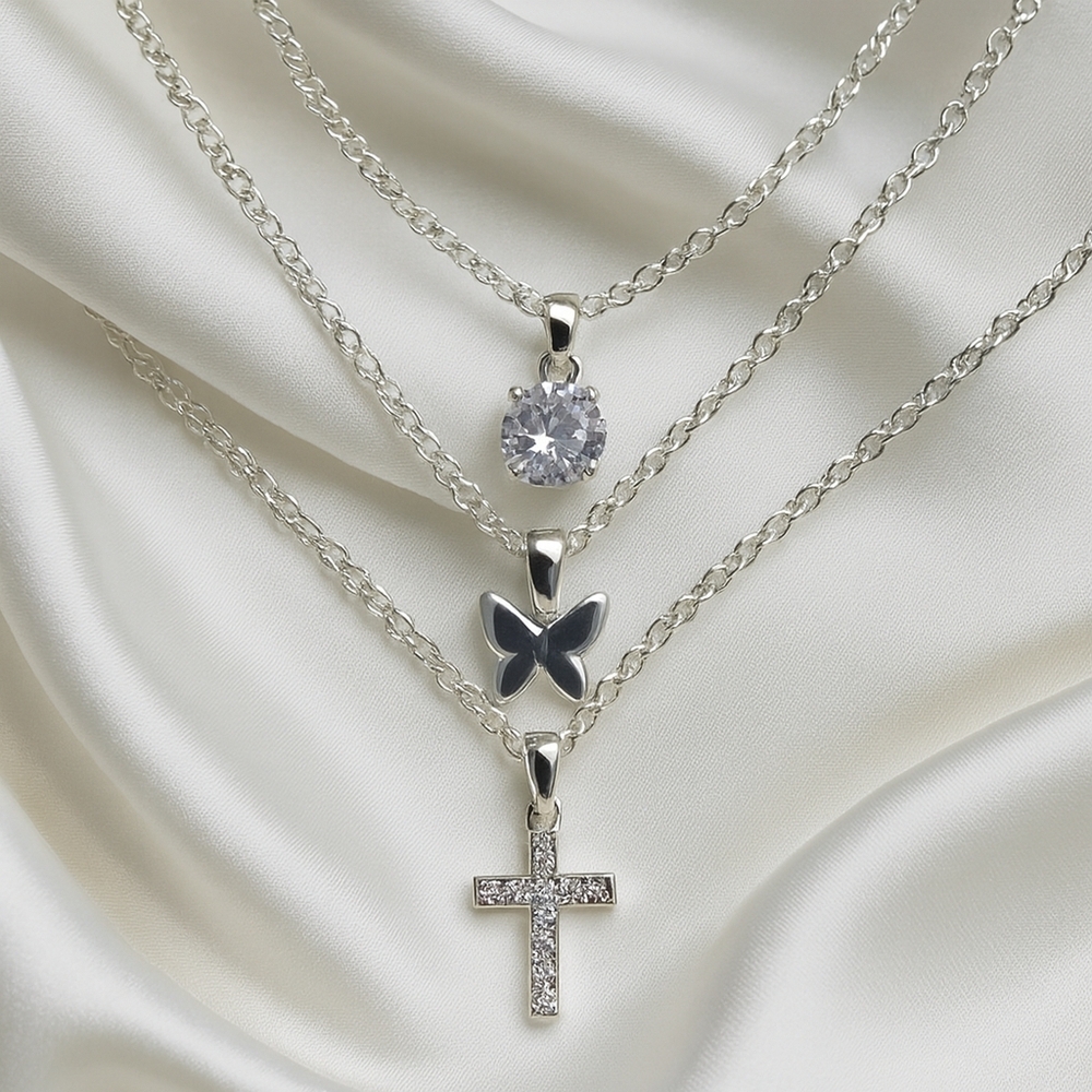 Elegant Triple-Pendant Necklace Set in Silver – CZ Solitaire, Butterfly & Cross